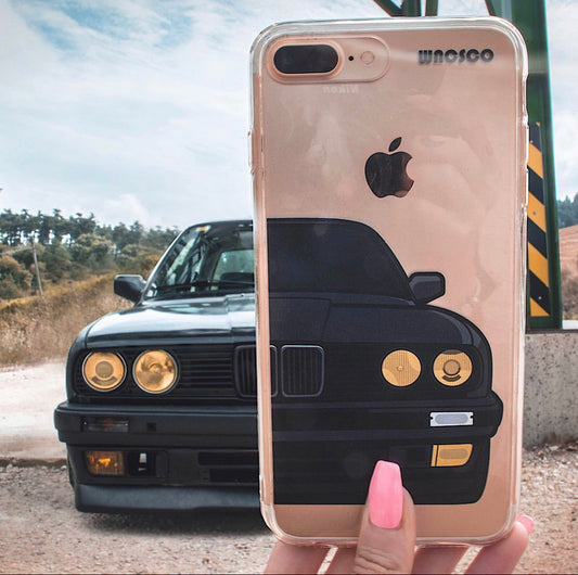 A custom phone case of a Black bmw designed and printed onto a custom phone case