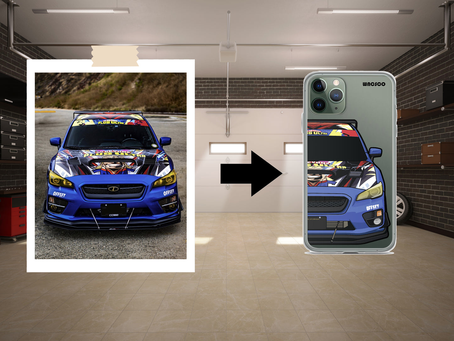 A custom-designed phone case with a printed image of someones exact car on the back, displayed on a smartphone.